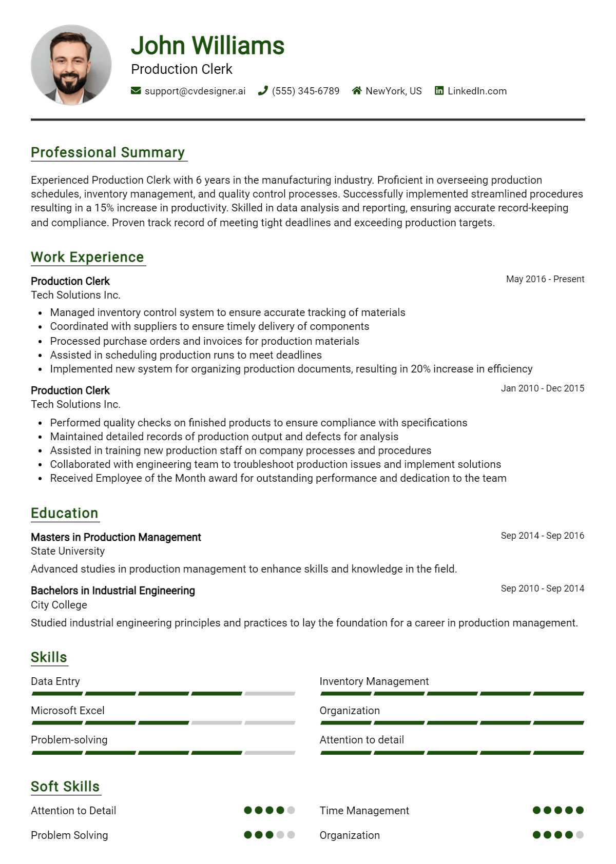 Production Clerk Resume Example