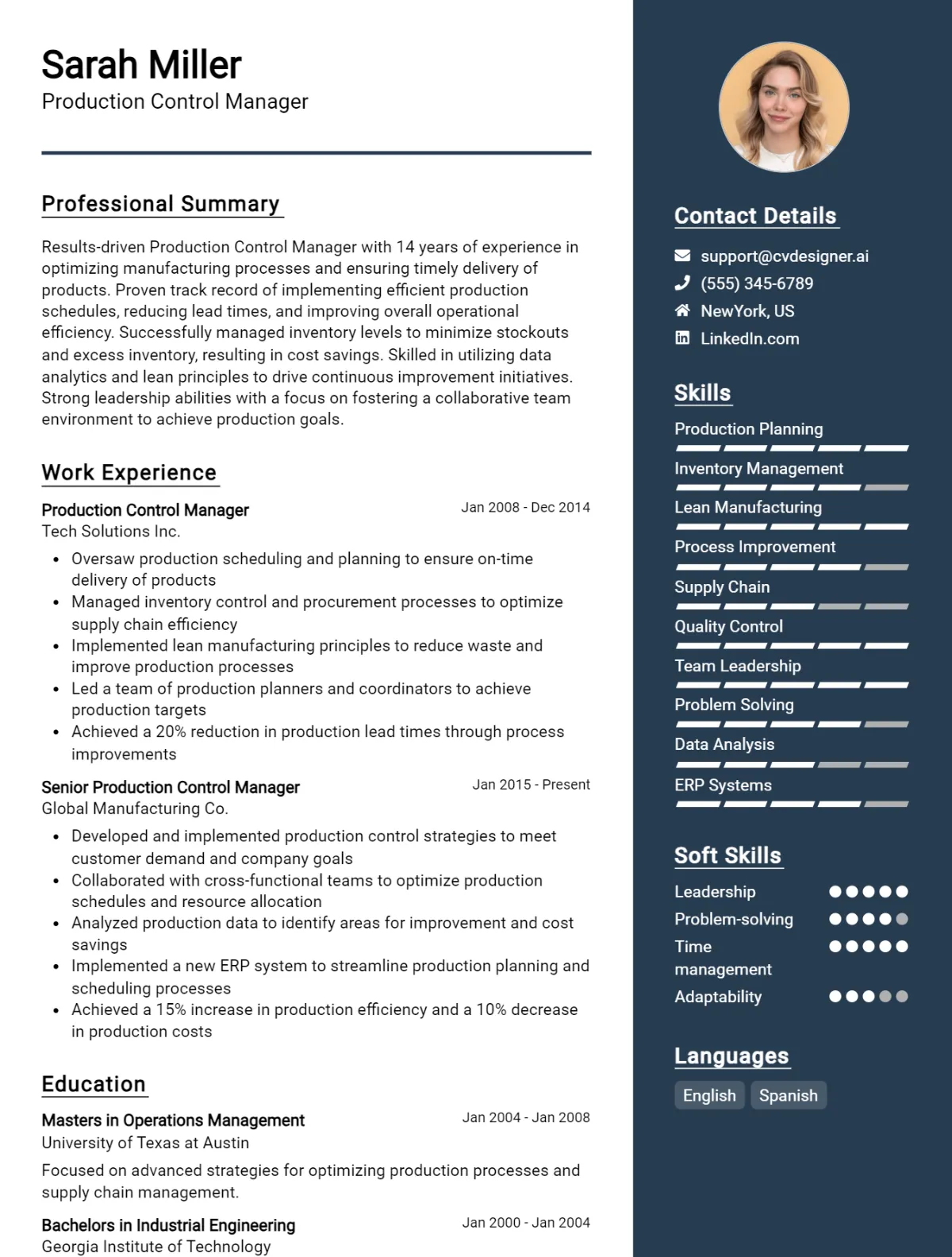 Production Control Manager CV Example