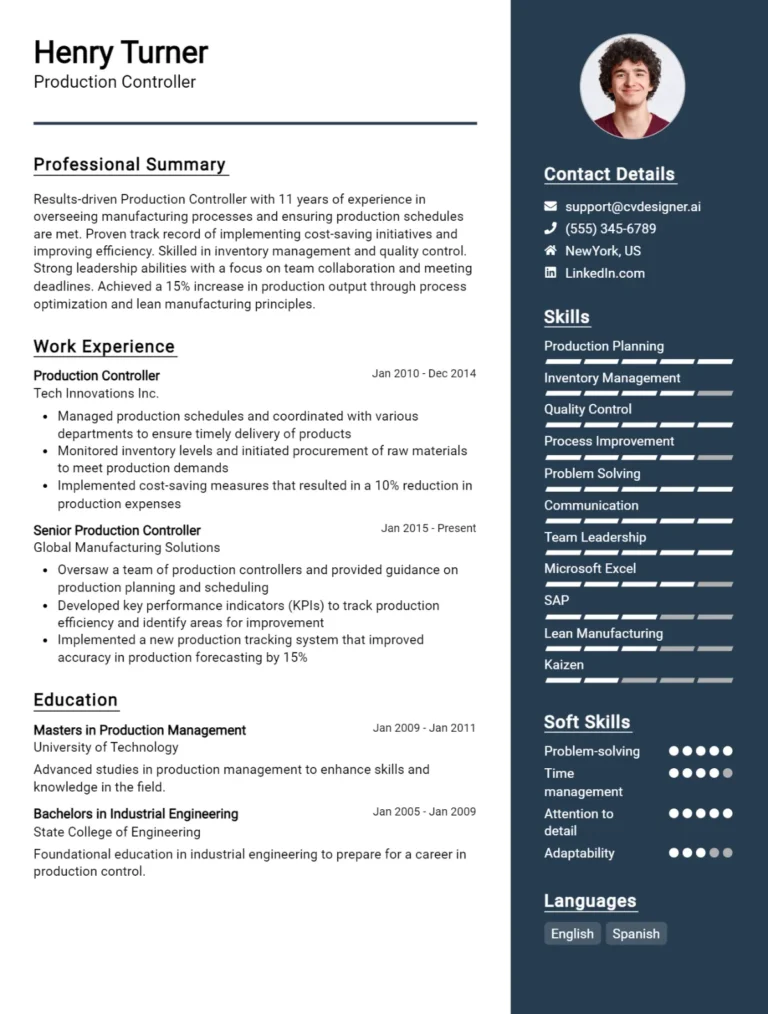 Production Controller CV Example For 2025: Professional CV Templates