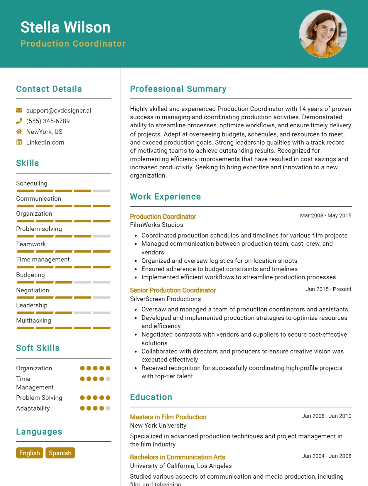 Production Coordinator CV Example