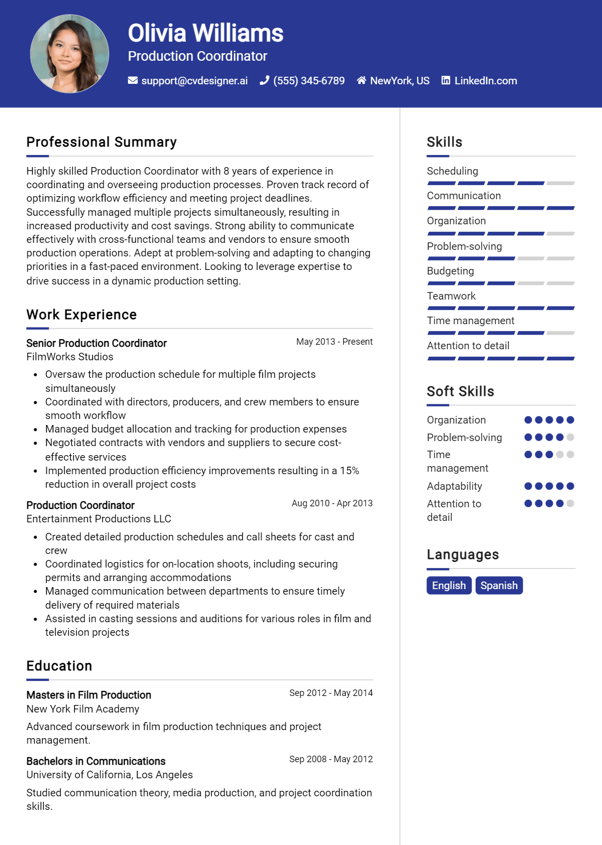 Production Coordinator Resume Example