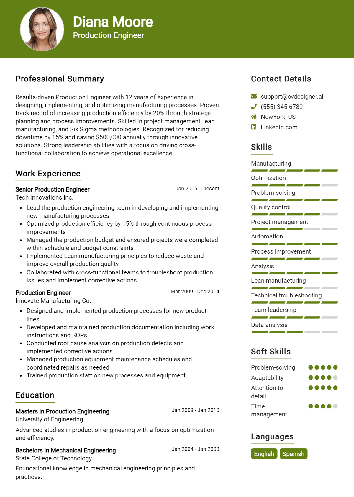 Production Engineer Resume Example