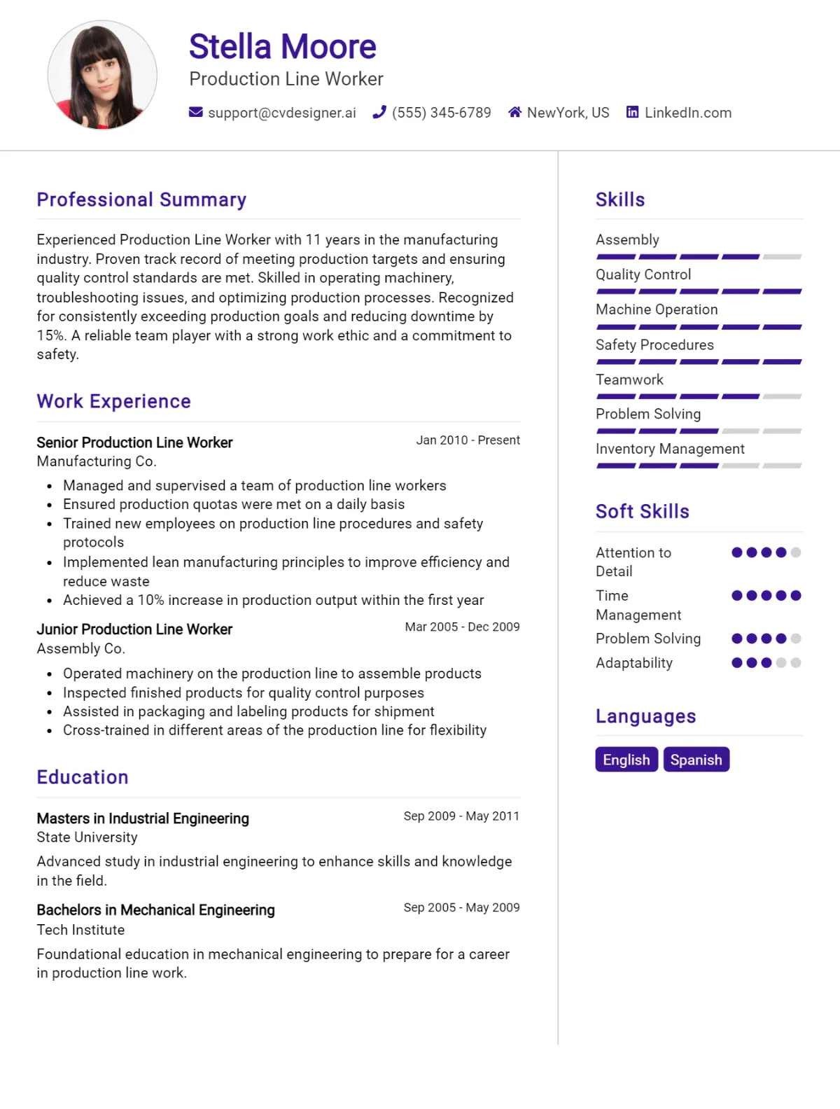 Production Line Worker CV Example