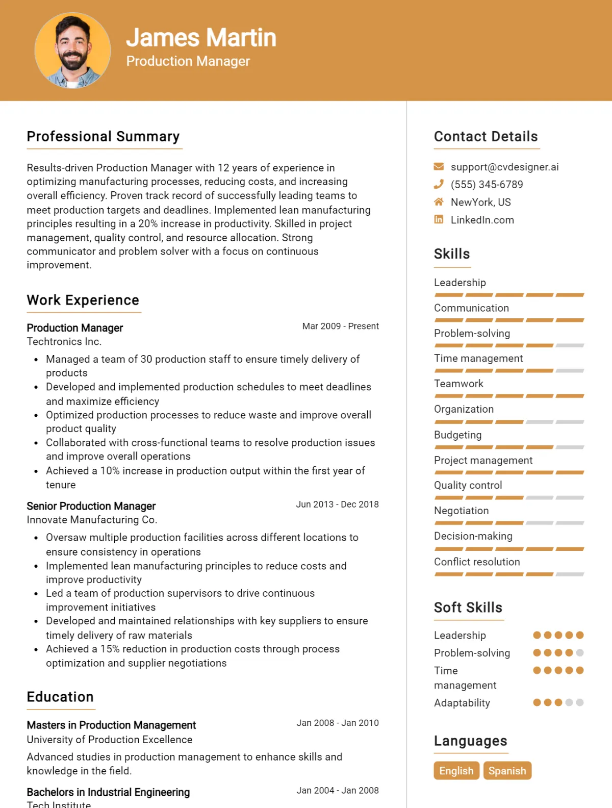 Production Manager CV Example