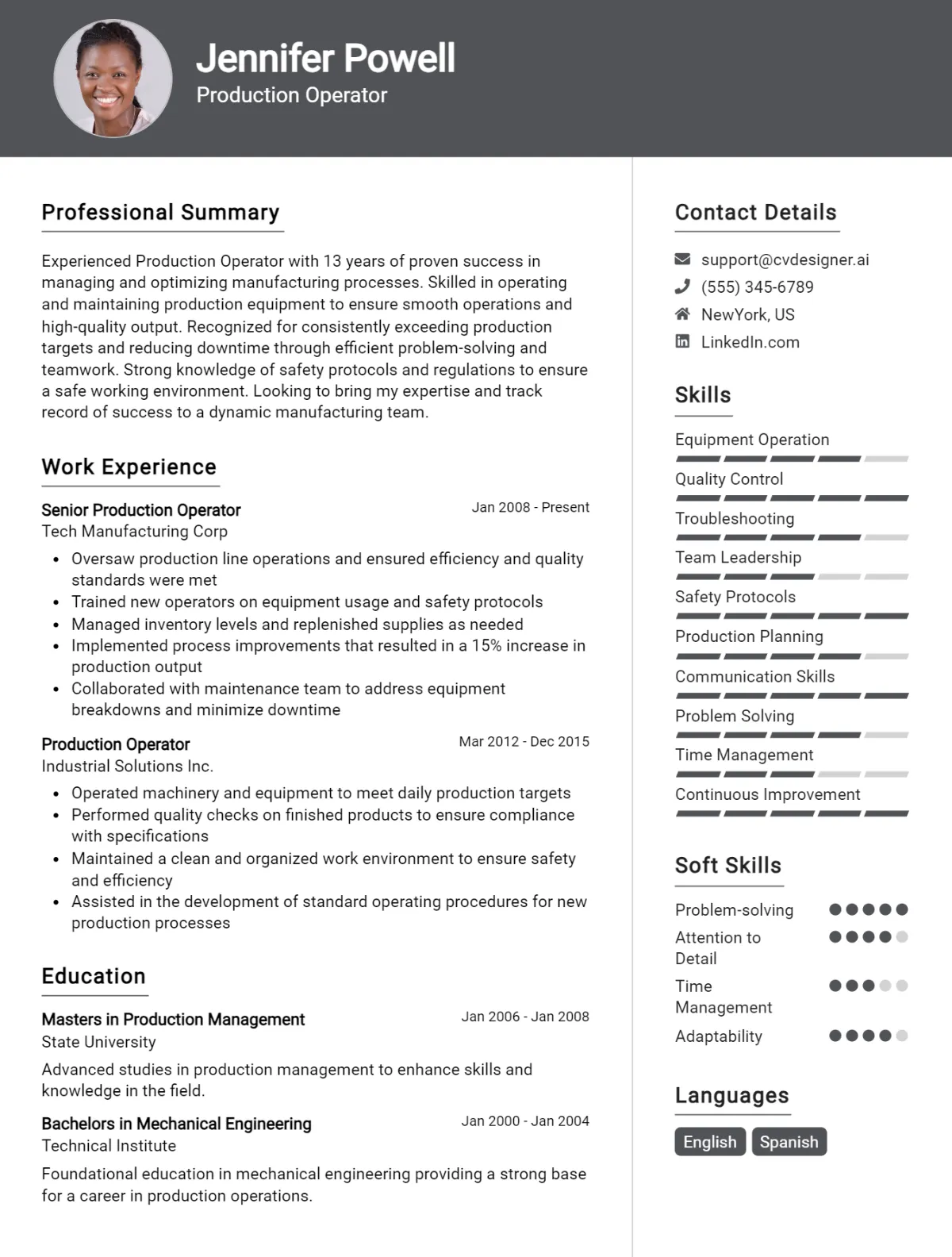 Production Operator CV Example