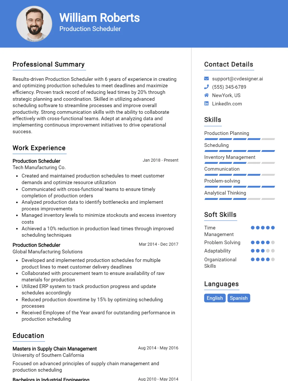 Production Scheduler CV Example