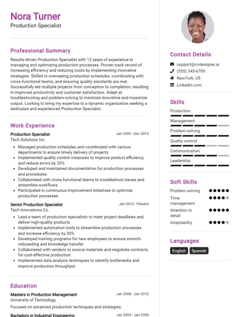 Production Specialist CV Example For 2025: Best Tips & Templates