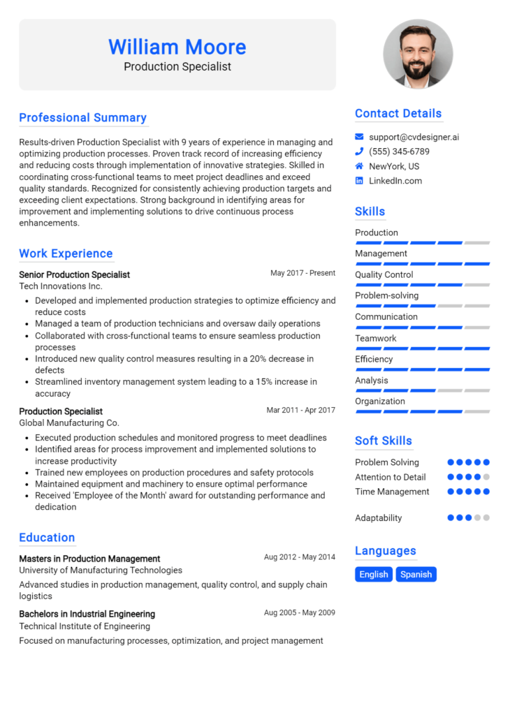 Production Specialist Resume Example for 2024 Best Formatting Tips