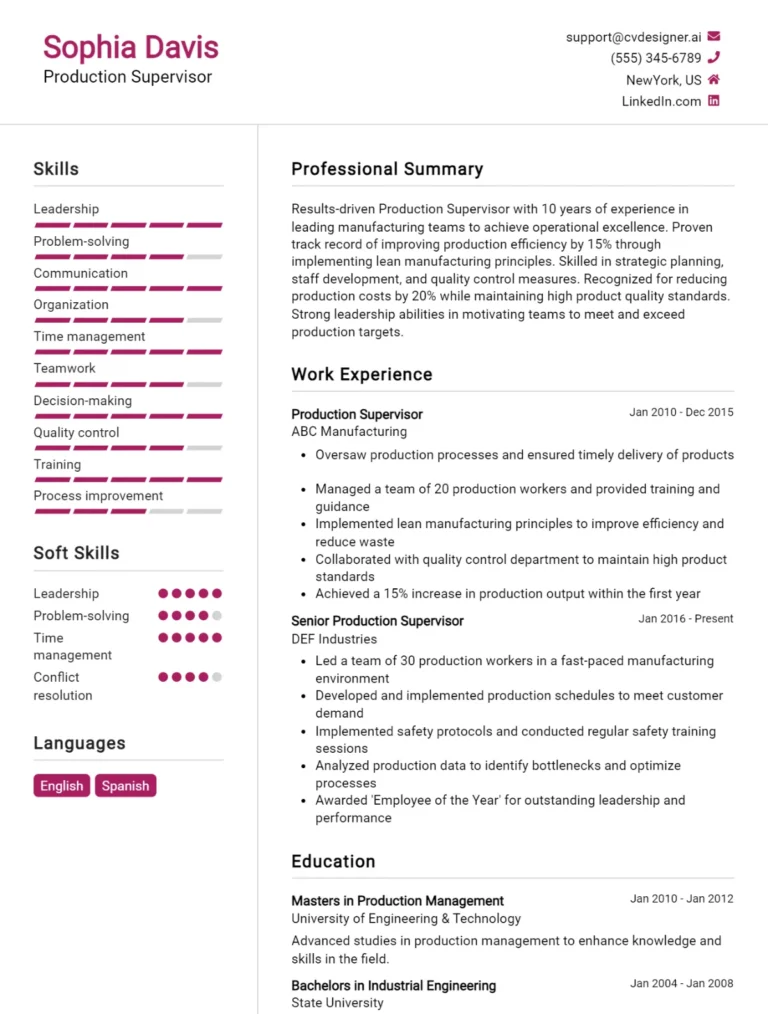 Production Supervisor CV Example For 2025: Tips & Templates