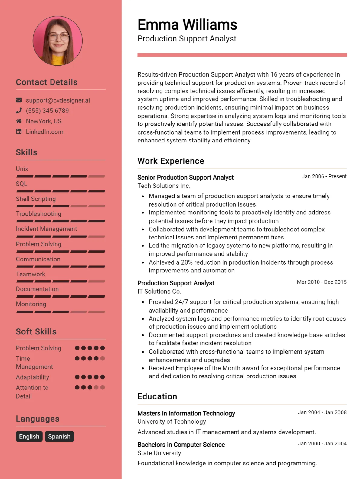 Production Support Analyst CV Example