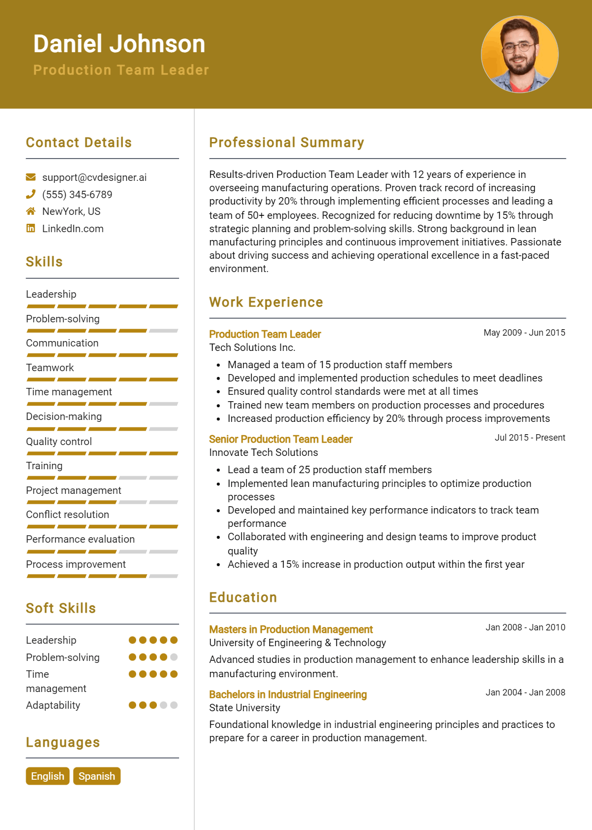 Production Team Leader Resume Example