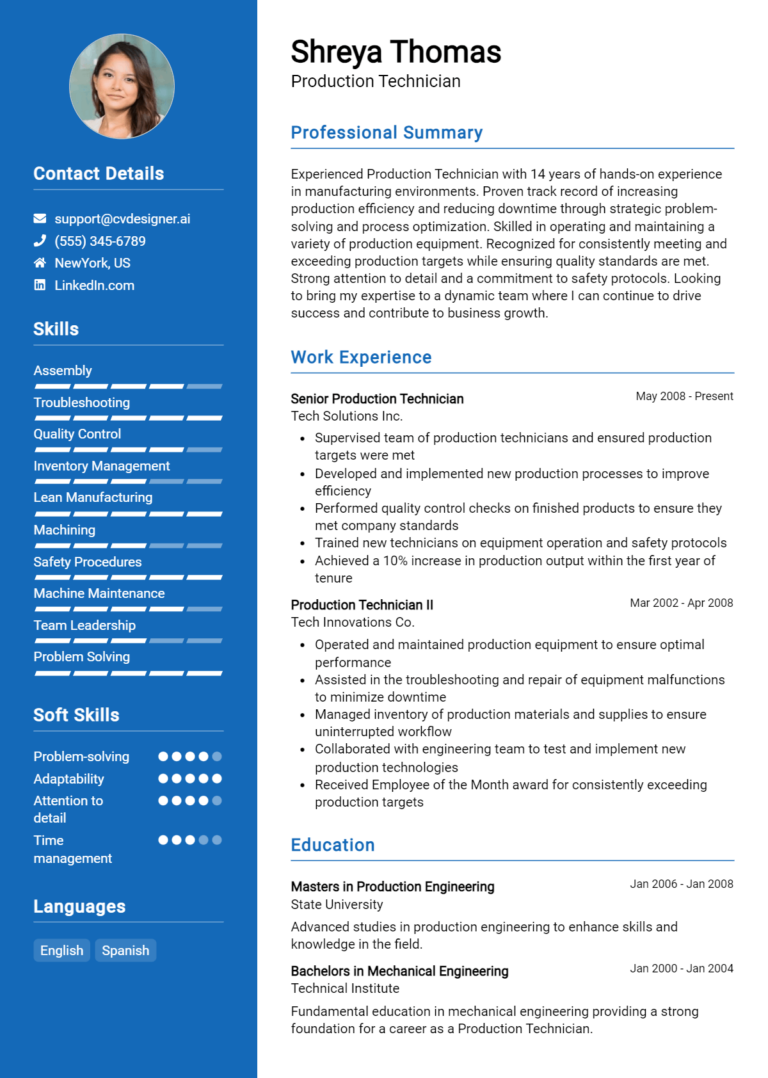 Production Technician Resume Example for 2025: Tips to Stand Out