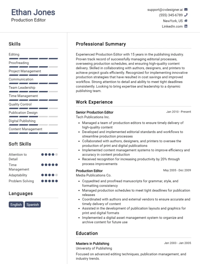 Production Editor CV Example For 2025: Free Downloadable Templates