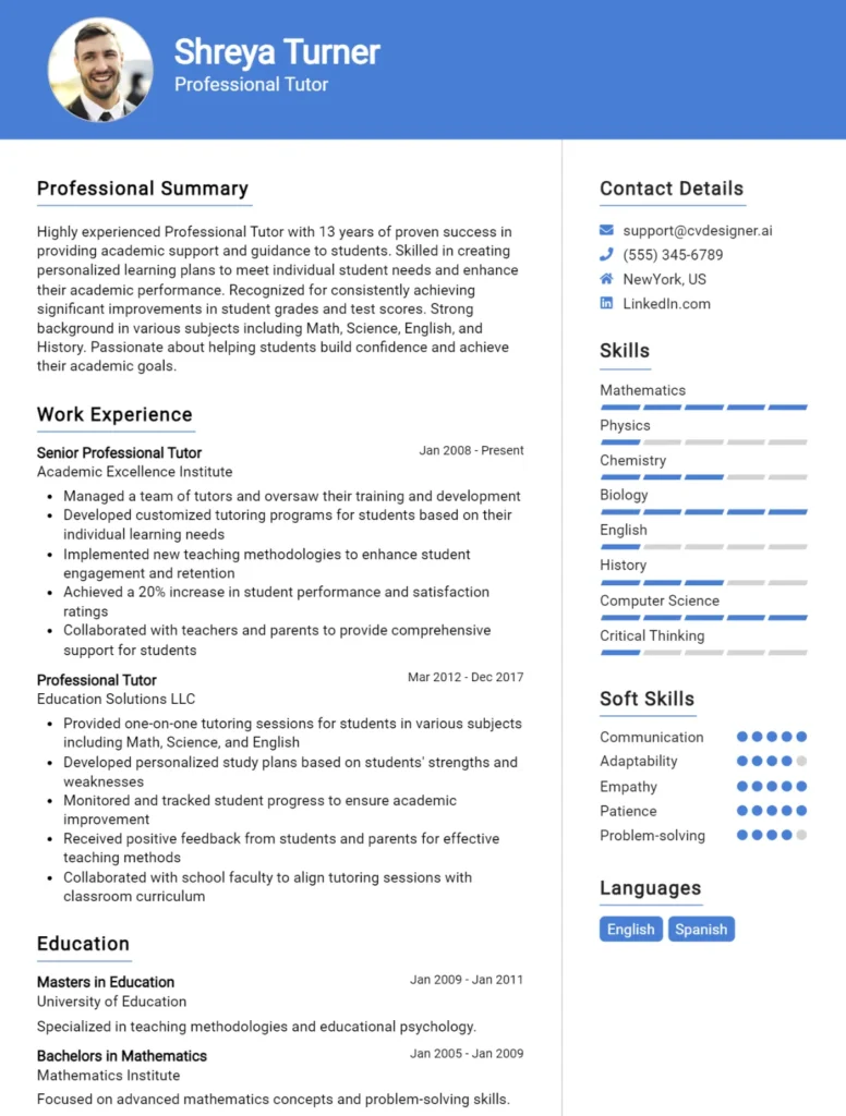 Professional Tutor CV Example