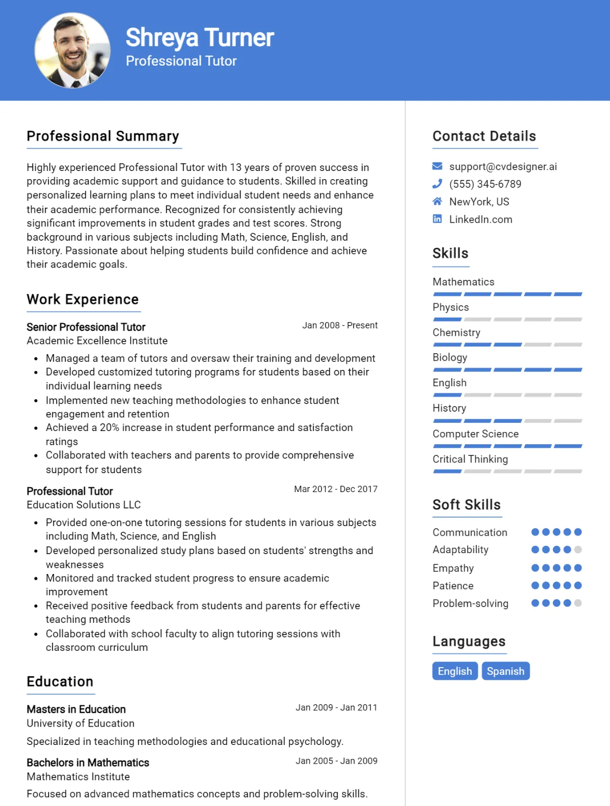 Professional Tutor CV Example