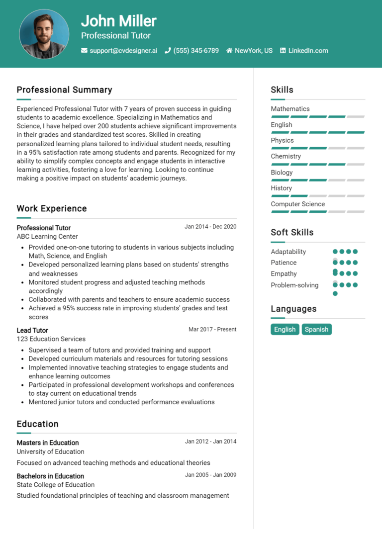 Professional Tutor Resume Example for 2025: Best Writing Guide