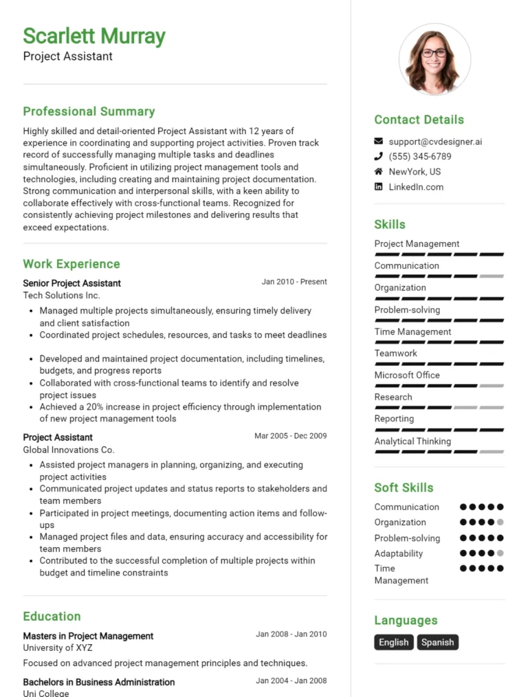 Project Assistant CV Example For 2025: Free Downloadable Templates