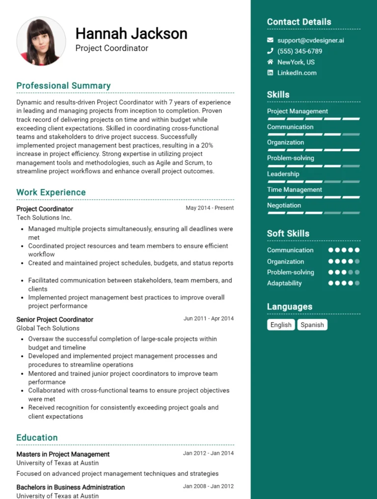 Project Coordinator CV Example For 2025: Free Downloadable Templates