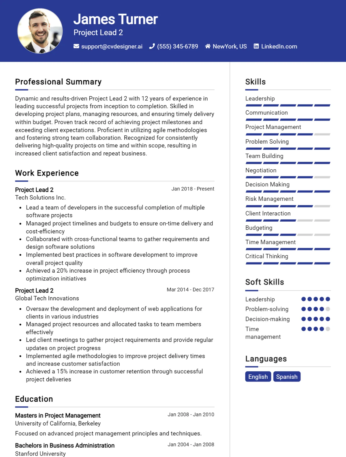 Project Lead CV Example For 2024: Best Tips & Templates - CVDesigner.ai