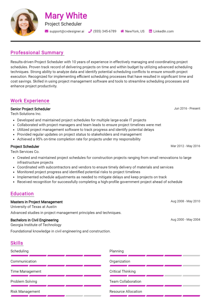 Project Scheduler Resume Example