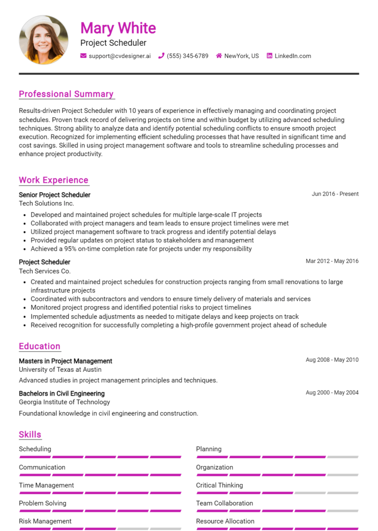 Project Scheduler Resume Example for 2025: Top Templates