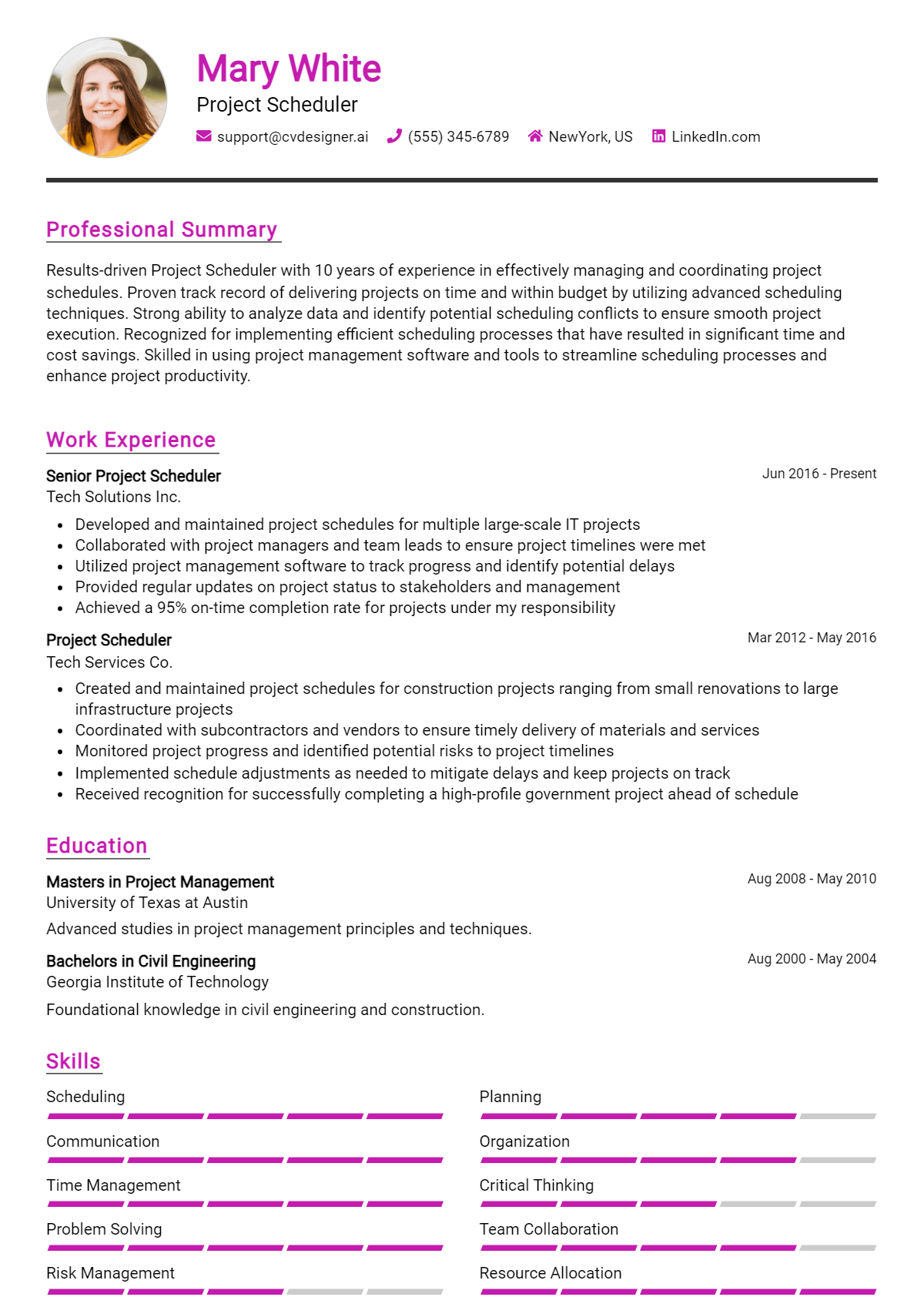 Project Scheduler Resume Example