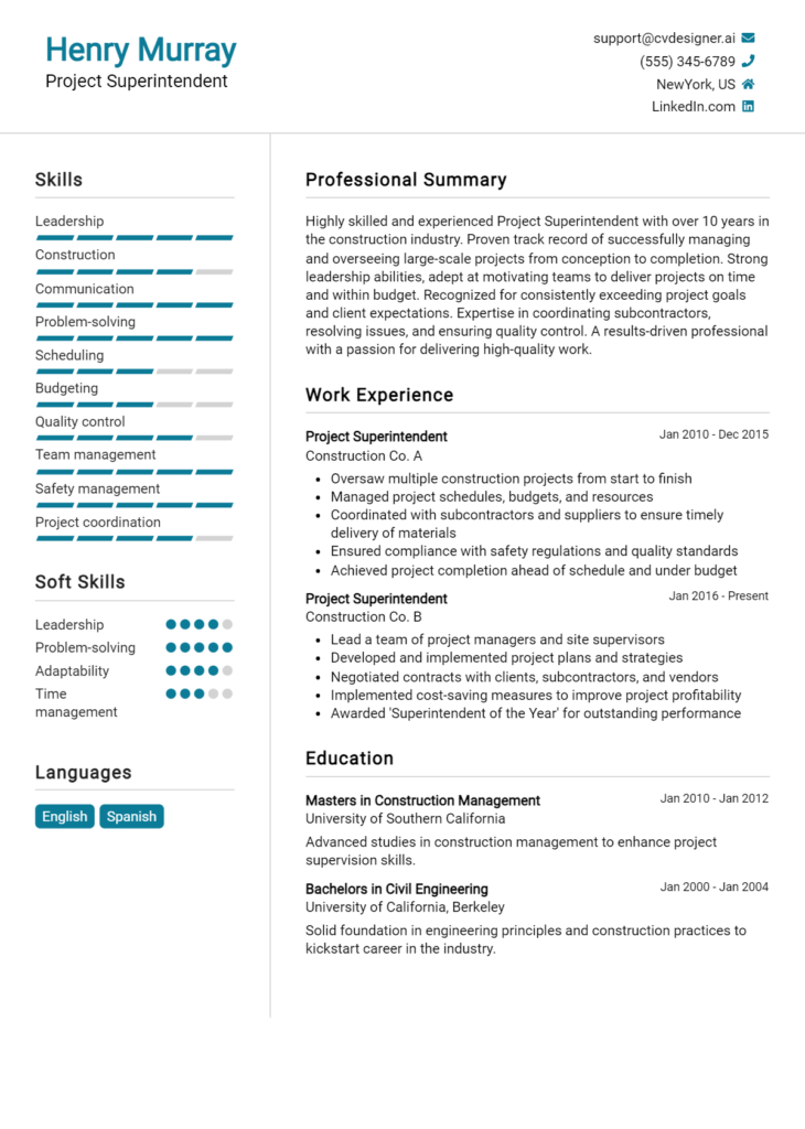 Project Superintendent Resume Example for 2024: Samples & Best ...