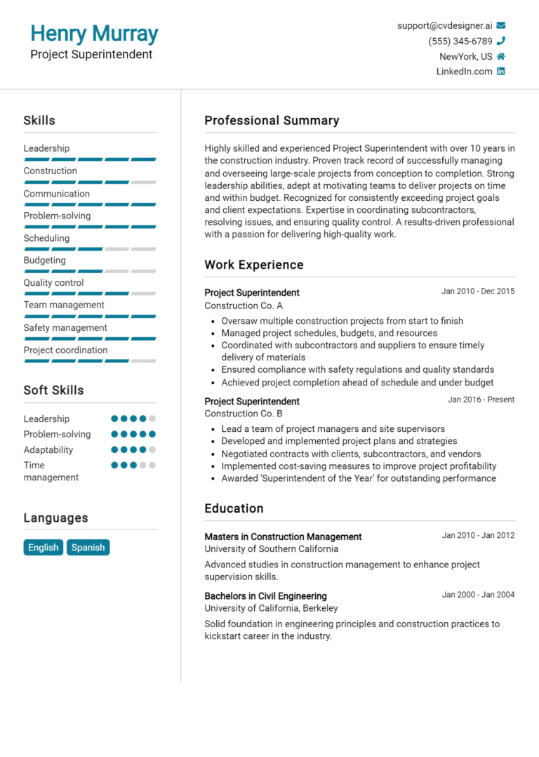 Project Superintendent Resume Example for 2025: Samples & Best Practices