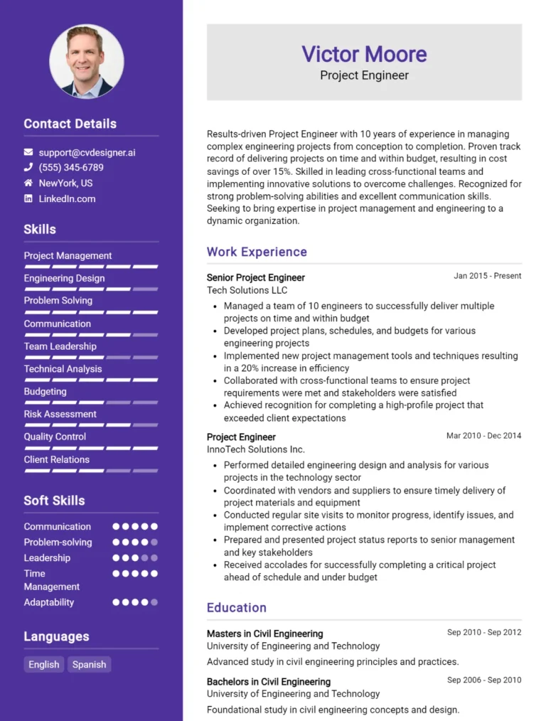 Project Engineer CV Example For 2025: Best Writing Guide