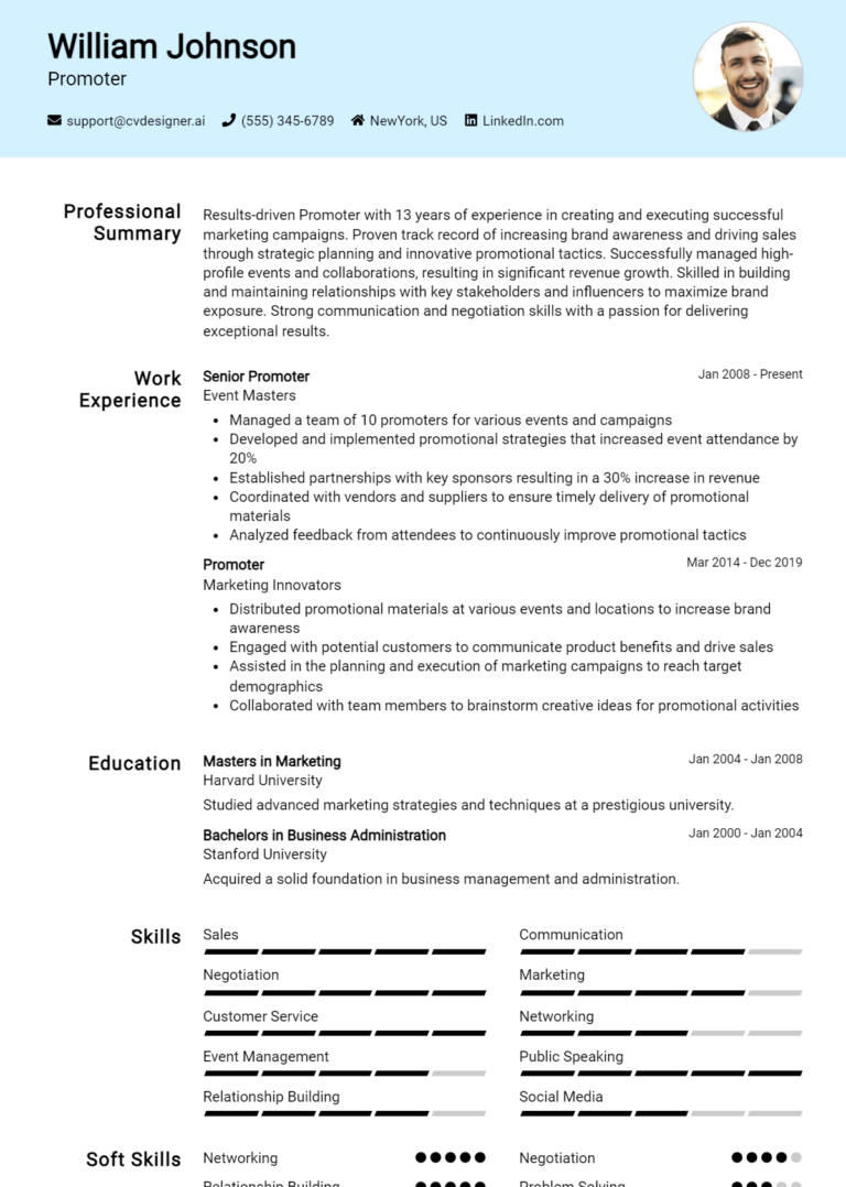 Promoter Resume Example for 2025: Free Samples