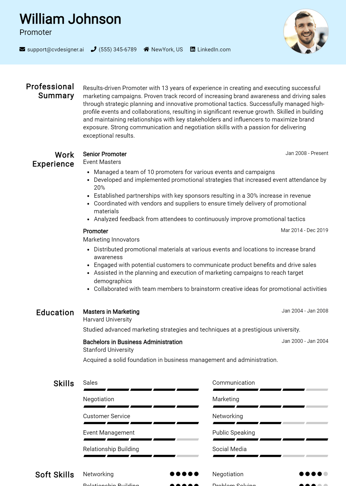 Promoter Resume Example for 2024: Free Samples - CVDesigner.ai