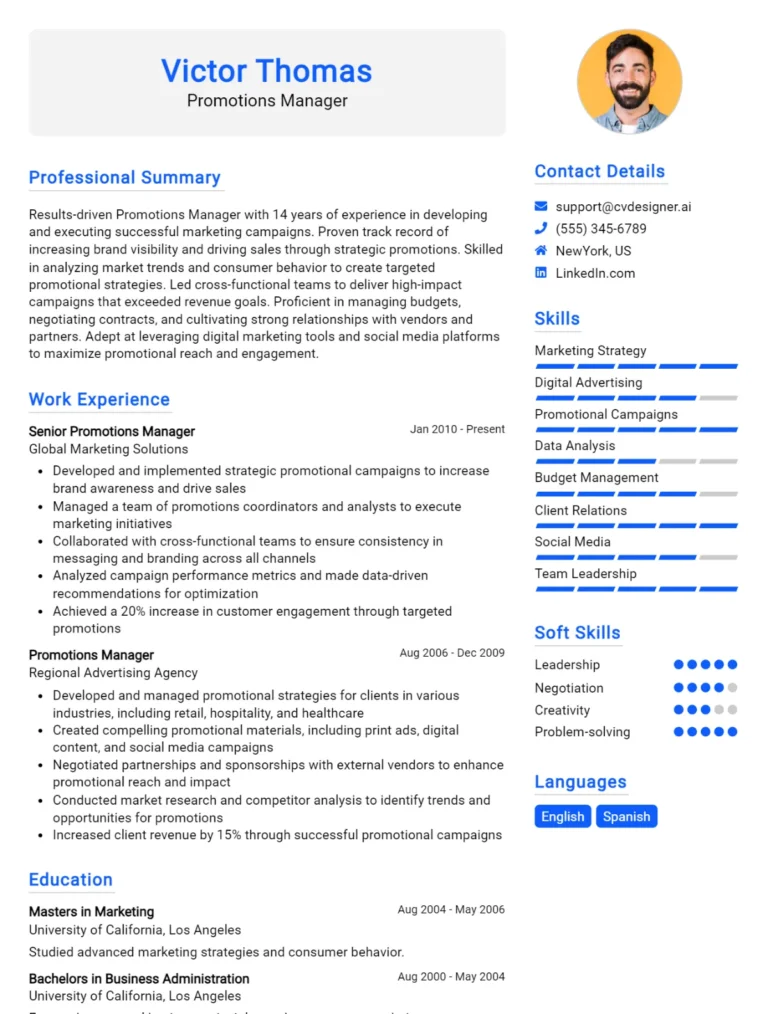 Promotions Manager CV Example For 2025: Samples & Best Practices