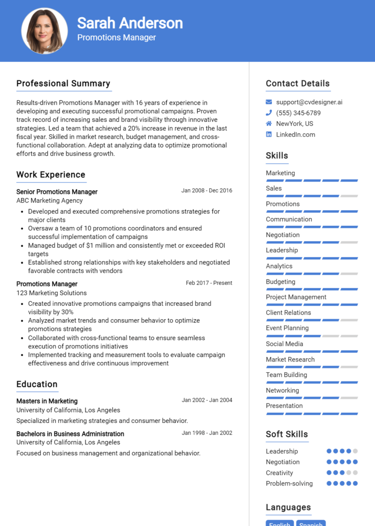 Promotions Manager Resume Example for 2025: Free Guide
