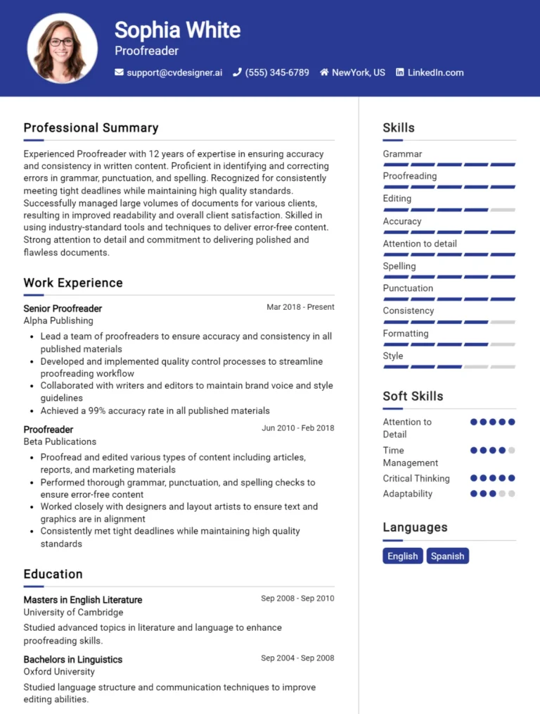 Proofreader CV Example For 2025: Free Professional Templates