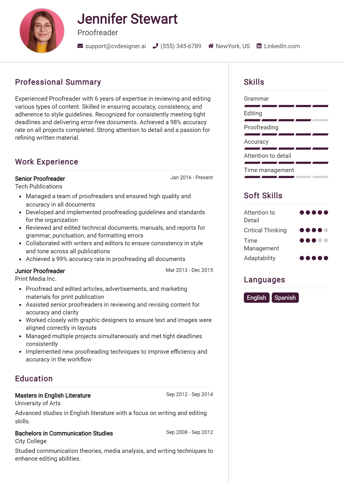 Proofreader Resume Example for 2024: Best Formatting Tips - CVDesigner.ai