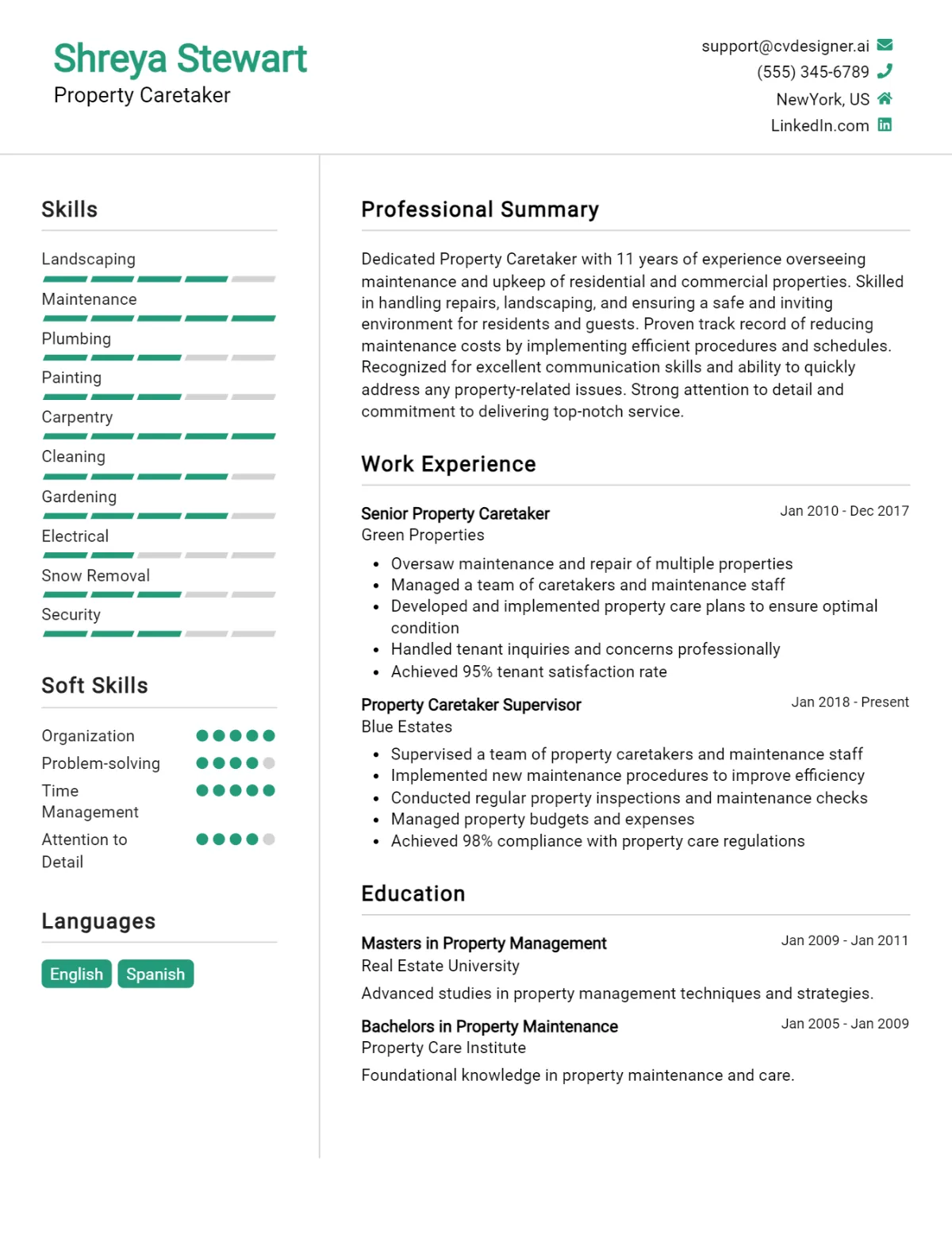 Property Caretaker CV Example