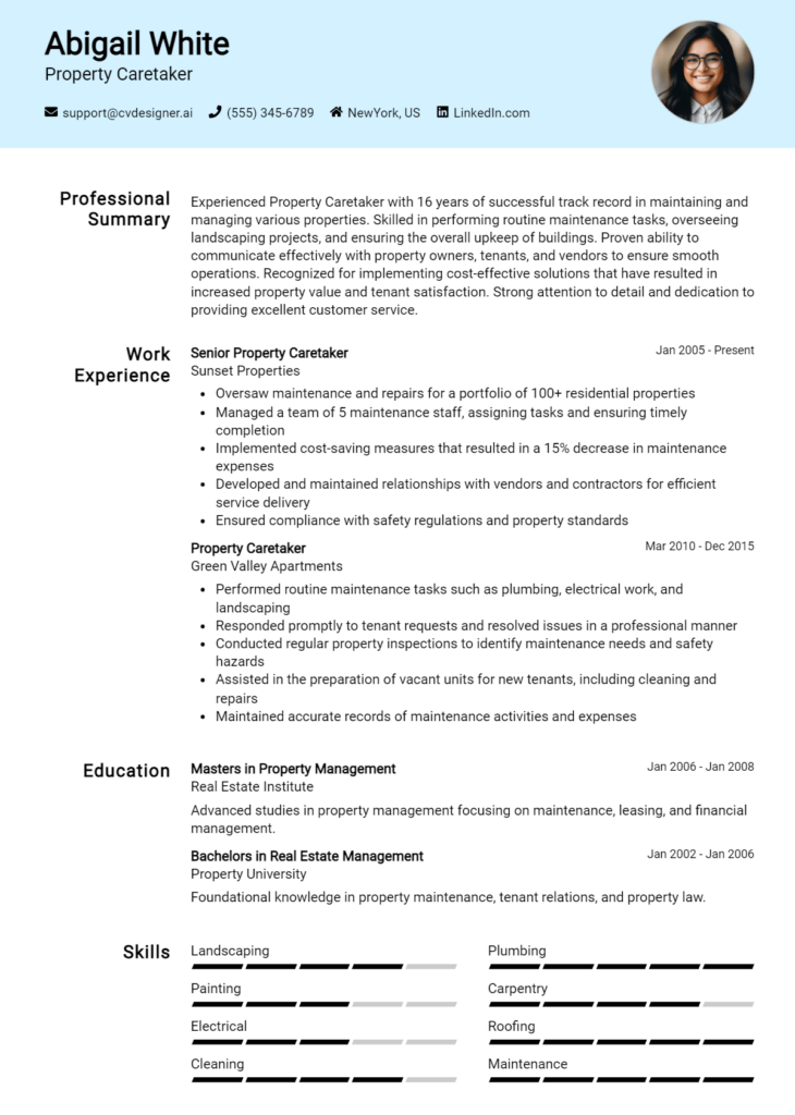 Property Caretaker Resume Example