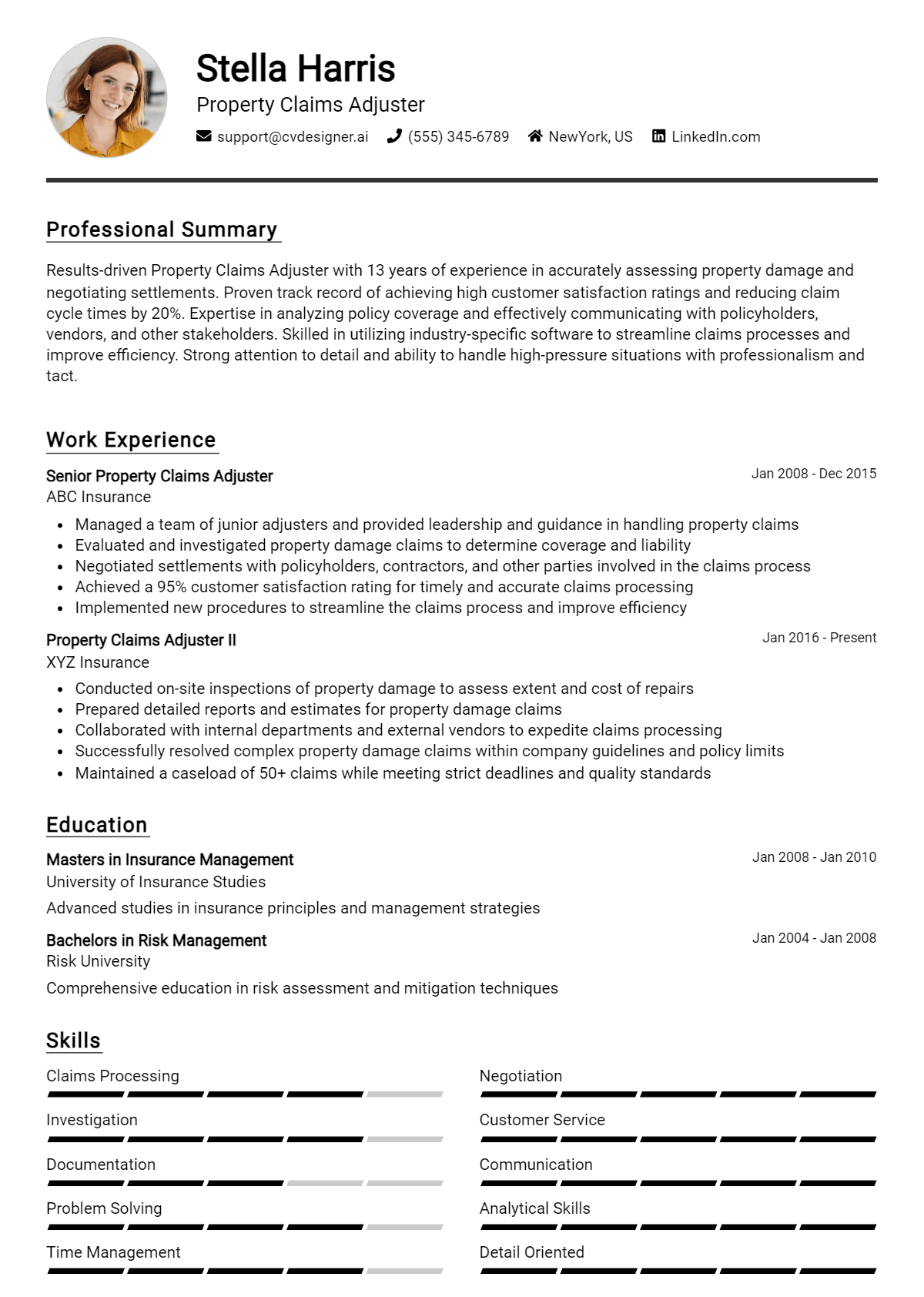 Property Claims Adjuster Resume Example