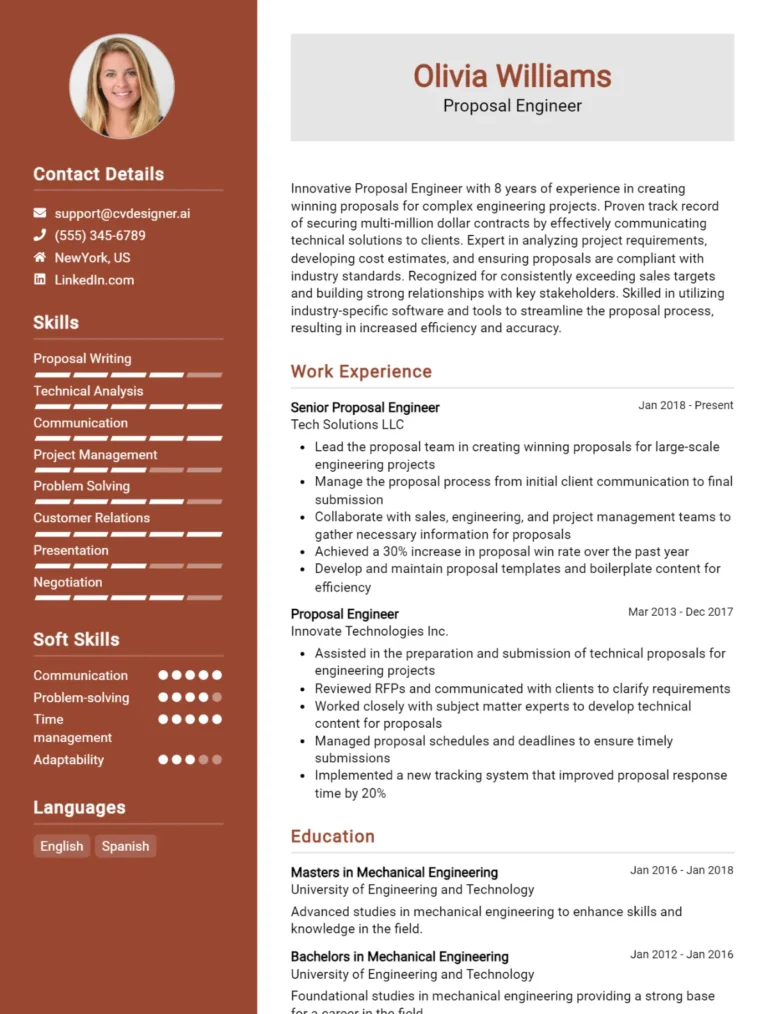 Proposal Engineer CV Example For 2025: Top Tips & Samples