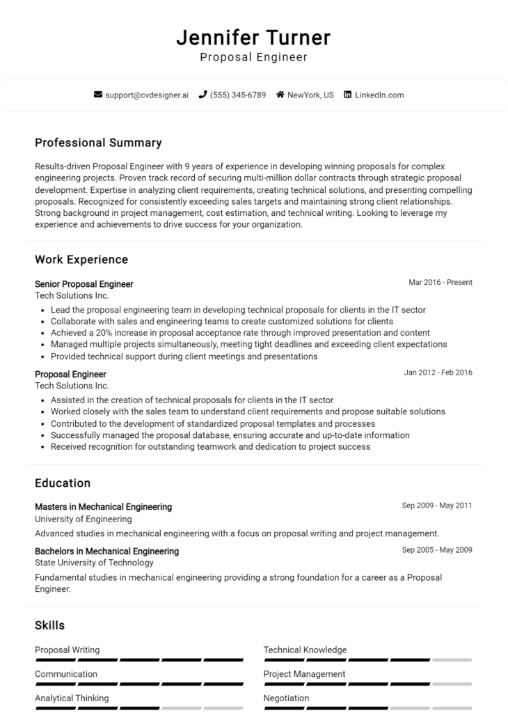Proposal Engineer Resume Example for 2024: Effective CV Writing Tips