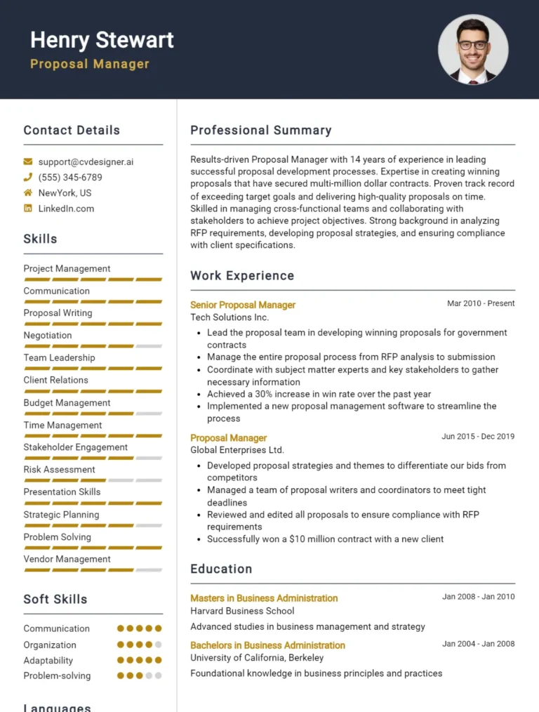 Proposal Manager CV Example For 2025: Free Professional Templates