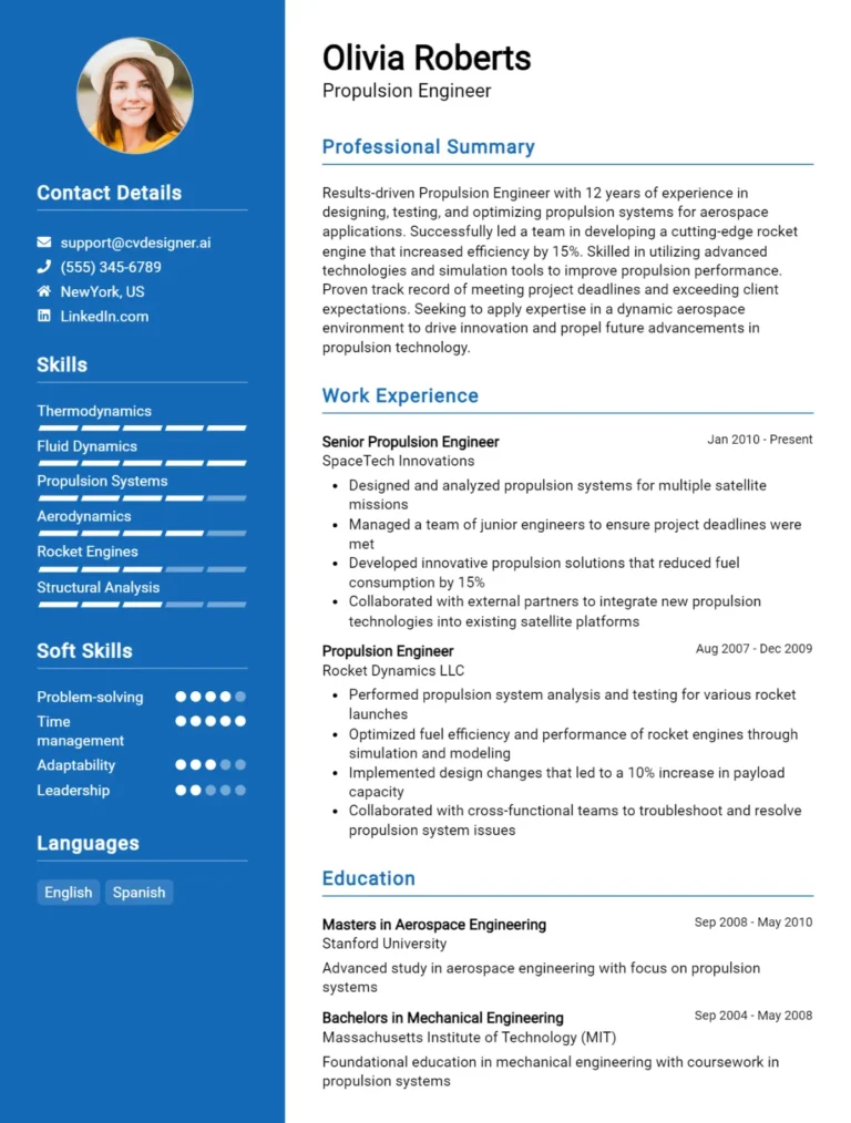 Propulsion Engineer CV Example For 2025: Top CV Skills