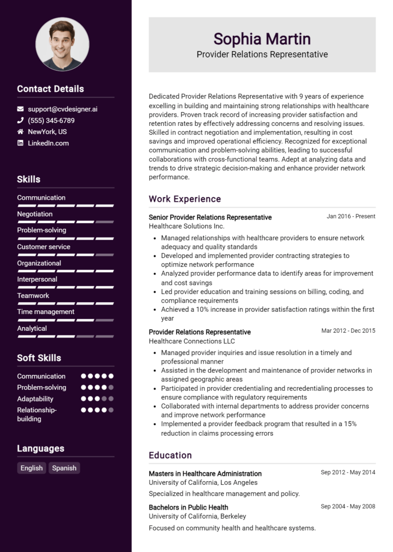 Provider Relations Representative Resume Example for 2025: Tips & Templates