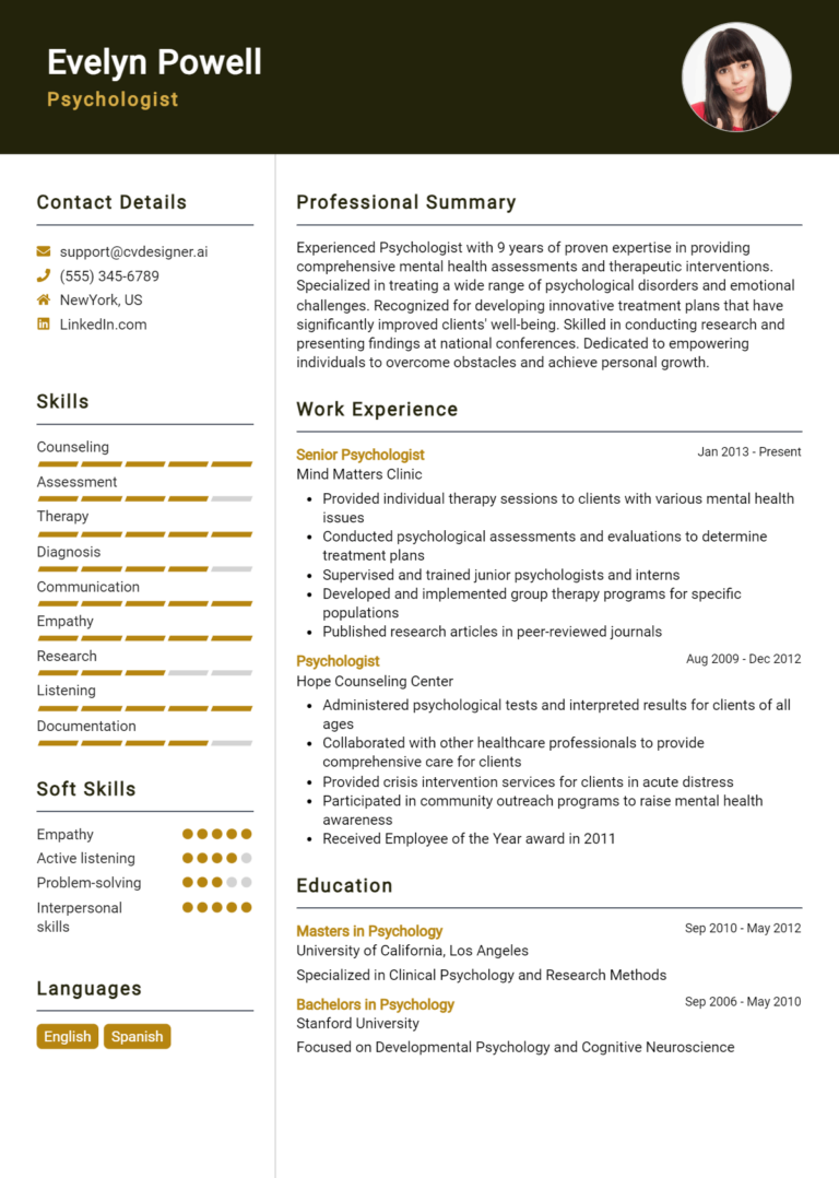 Psychologist Resume Example for 2025: Free Downloadable Templates