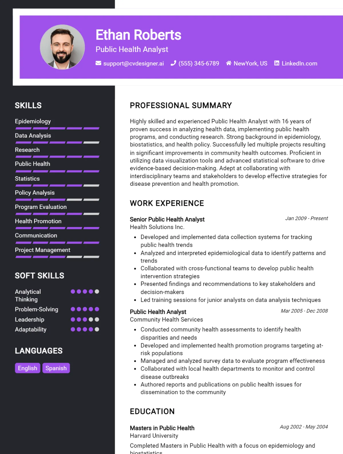 Public Health Analyst CV Example