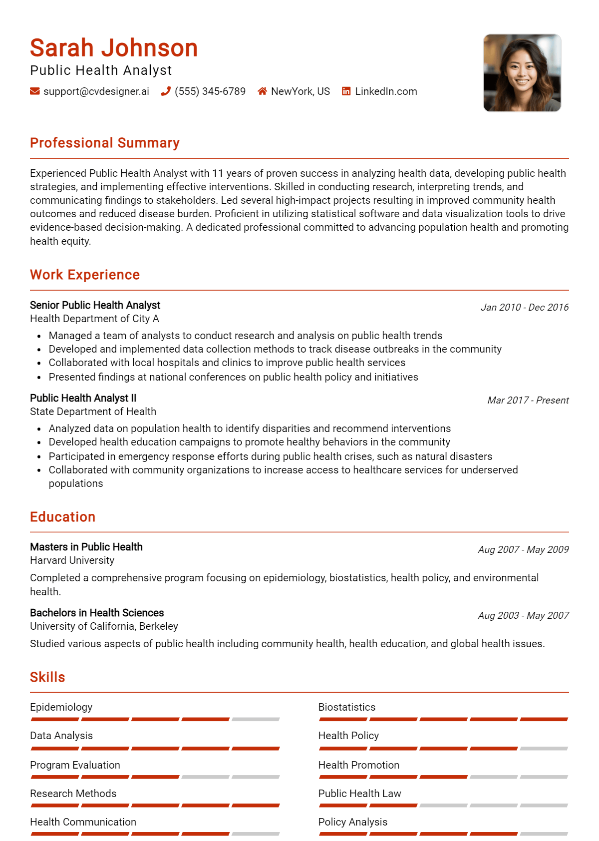 Public Health Analyst Resume Example