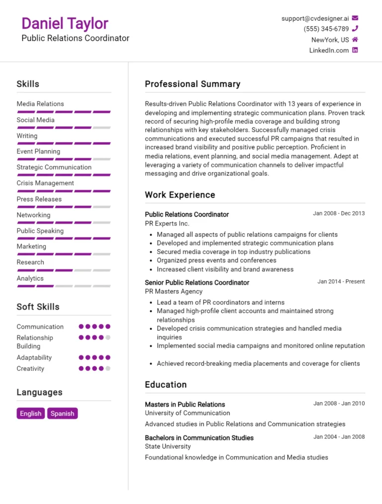 Public Relations Coordinator CV Example For 2025: Free Downloadable Templates