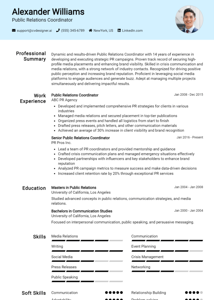 Public Relations Coordinator Resume Example for 2024: Free Guide ...