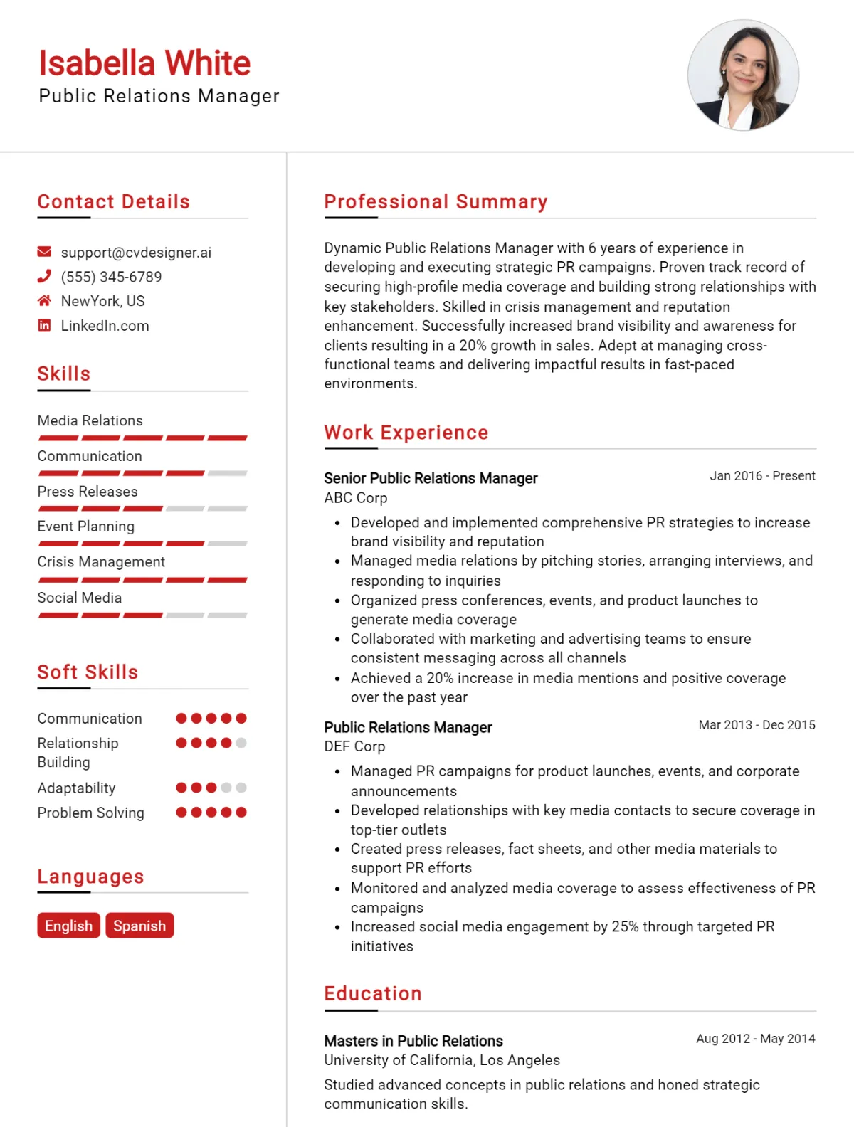 Public Relations Manager CV Example
