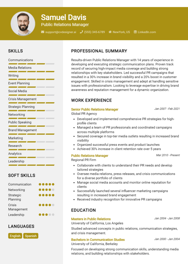 Public Relations Manager Resume Example for 2025: Effective Tips